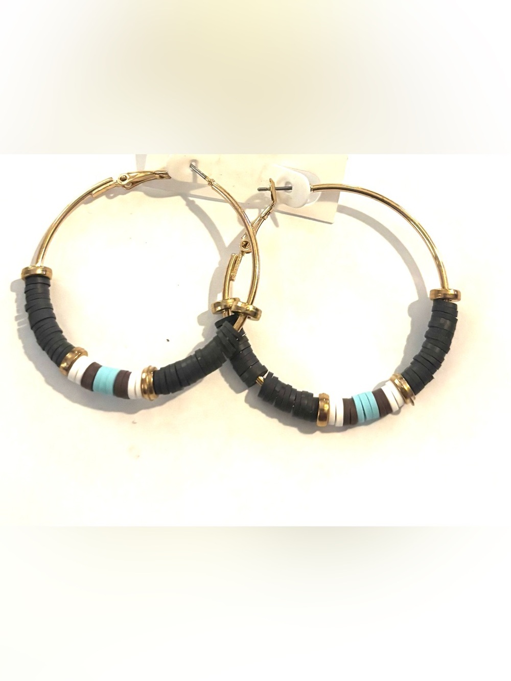 Fashion Jewelry Gold Hoop Earrings with Black, White and Turquoise Accents